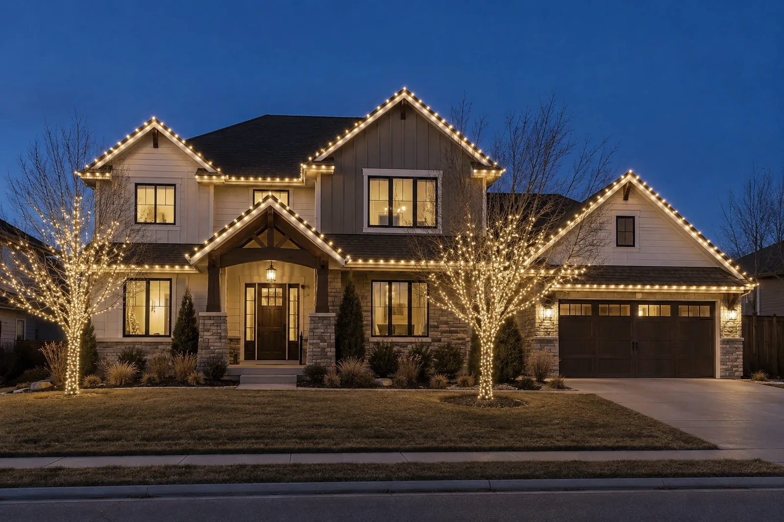 A two-story with the roofline lit and two ornamental trees wrapped trunk to branch